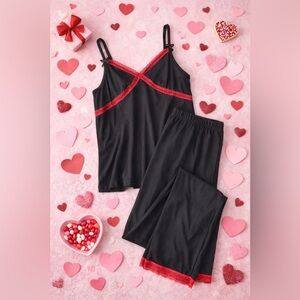Love to Sleep Valentine Pajama Set Black Red Lace Cami & Pants Size M NWT